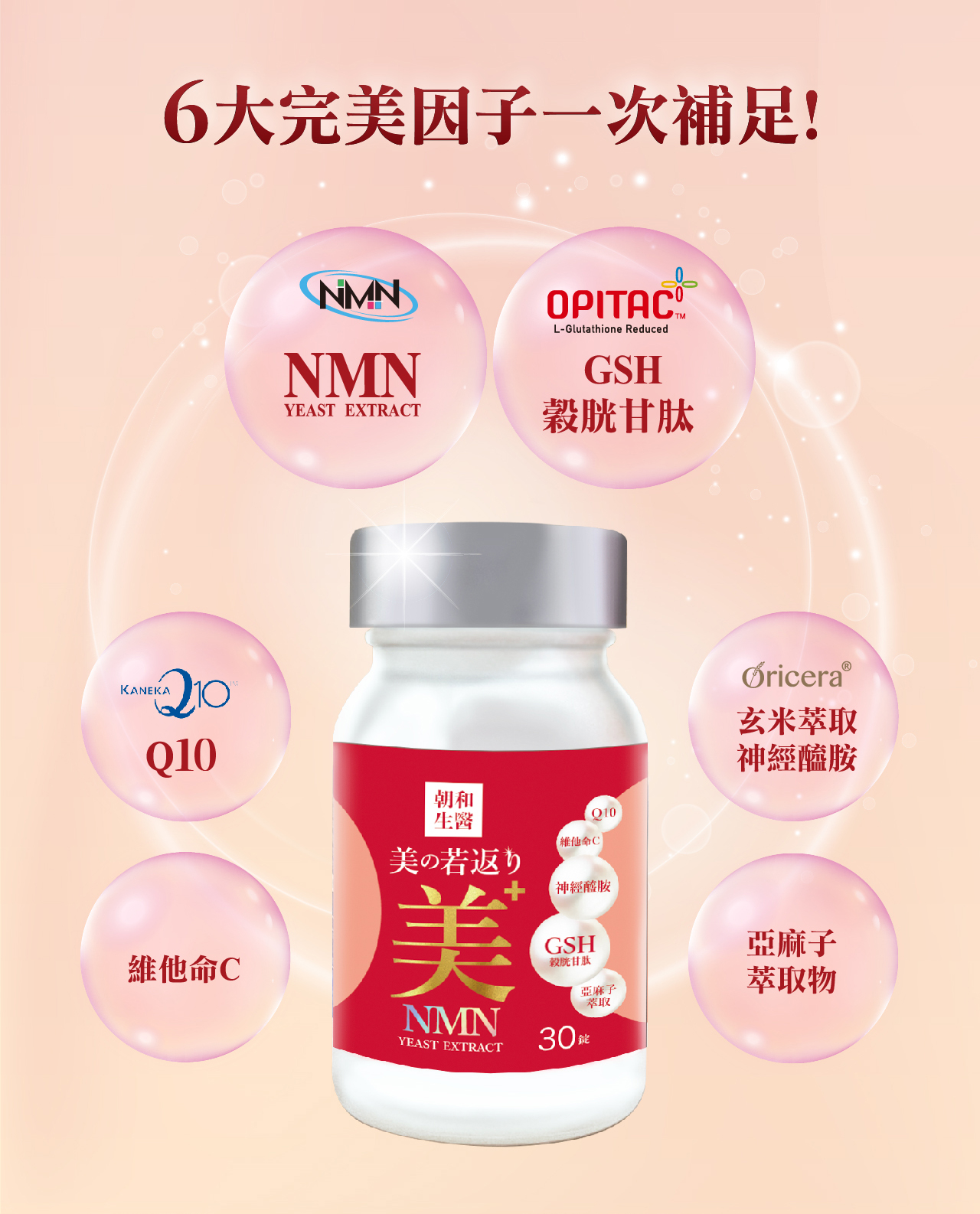 美之若返(奶素)| NAD+ 榖胱甘肽 神經醯胺 Q10|靚白保水專利配方_朝和生醫-朝氣人本,健康之和